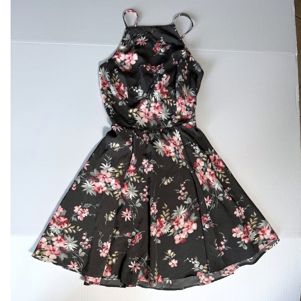 Hollister Black Pink Floral Halter Dress Womens XS Open Lace Up Back Mini
